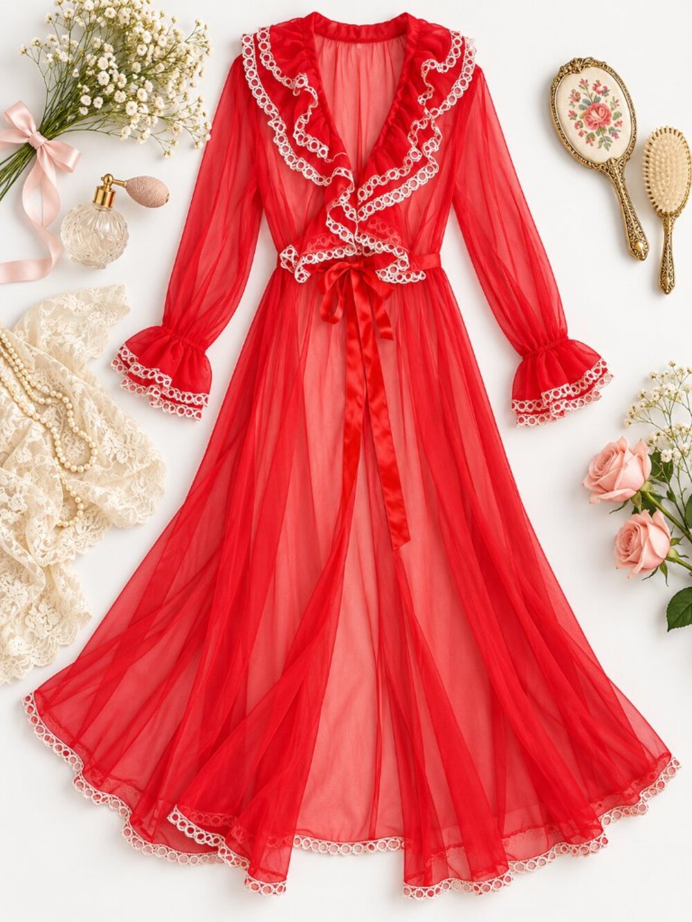 Vintage 60s Sears Red Sheer Peignoir Robe 32/34 Lace Ruffle Lingerie